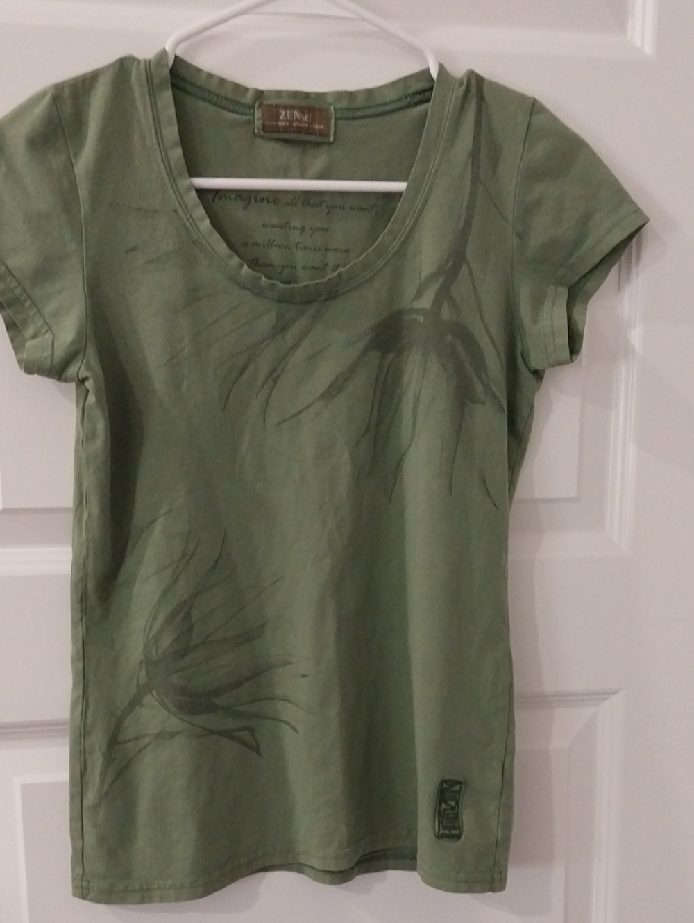 Olive Green Short Sleeve Scoop Neck Tee with Tonal Floral Print